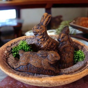 3 ANTIQUE BUNNY RABBIT Blackened Beeswax Primitive Chocolate Mold Wax Castings Folk Art Rabbits Bowl Fillers