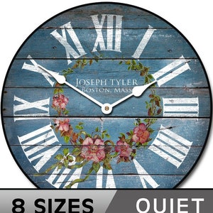 Barnwood Blue Floral Wall Clock, 8 sizes!!, EXTRA quiet mechanism, lifetime warranty, optional to add your words, large wall clock