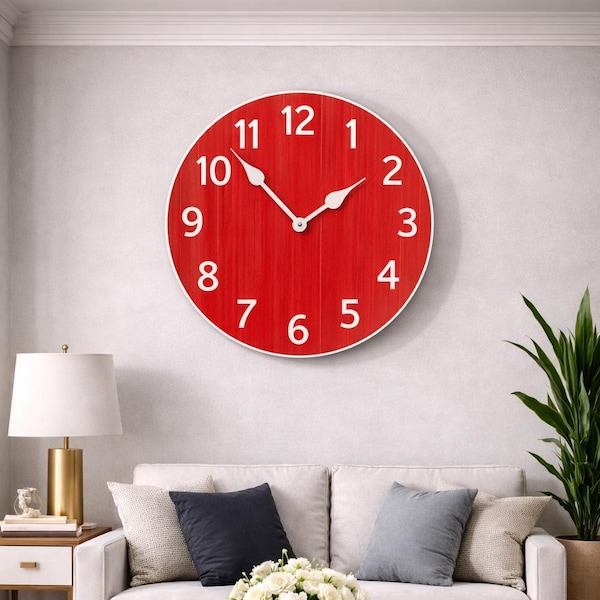 Reloj de pared rojo orgánico, reloj de pared grande, elija entre 8 tamaños, mecanismo extra SILENCIOSO, garantía de POR VIDA, podemos agregar SUS palabras.