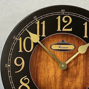Black & Wood Personalized Wall Clock, Choose from 8 sizes. extra QUIET mechanism, LIFETIME Warranty, We can add YOUR words.