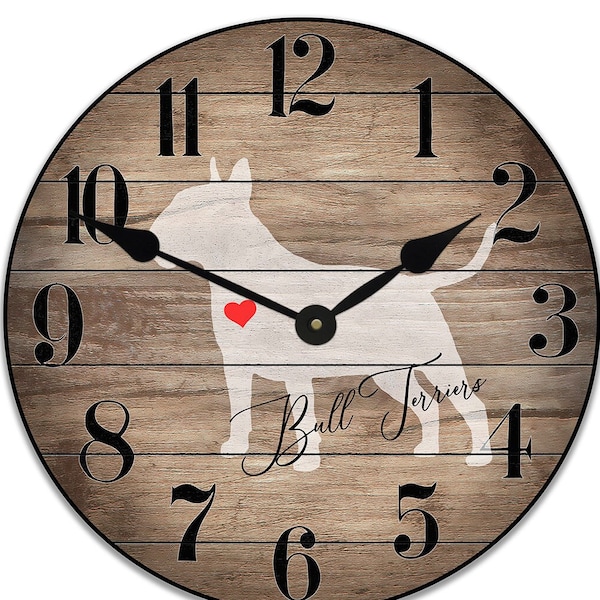 Personalized Bull Terrier Clock (or any dog Breed/Pet )  large wall clock, Choose from 8 sizes. extra QUIET mechanism, LIFETIME Warranty