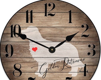 Personalized Golden Retriever Clock (or any dog Breed/Pet ), 8 sizes!, EXTRA quiet mechanism, lifetime warranty, optional to add your words