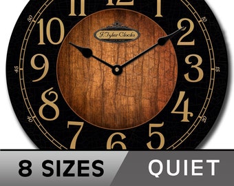 Black & Wood Wall Clock, large wall clock, Choose from 8 sizes. extra QUIET mechanism, LIFETIME Warranty, We can add YOUR words.