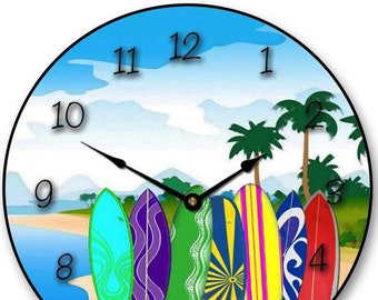 Surfboard Wall Clock, beach clock,  large wall clock, Choose from 8 sizes. extra QUIET mechanism, LIFETIME Warranty, We can add YOUR words.