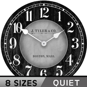 Landry Gray, large wall clock, Choose from 8 sizes. extra QUIET mechanism, LIFETIME Warranty, We can add YOUR words.