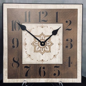 Charlotte Brown Square Wall Clock, large wall clock, Choose from 5 sizes. extra QUIET mechanism, LIFETIME Warranty, We can add YOUR words.