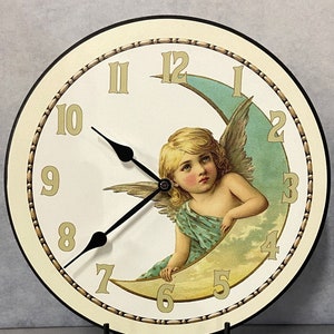 Moon Angel Wall Clock, EXTRA QUIET, Lifetime Warranty, Angel Clock, Large wall clock, Comes in 8 sizes,