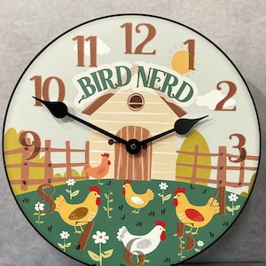 Bird Nerd Chicken Wall Clock, 8 sizes to choose, Made in USA, Lifetime Warranty, Very QUIET,