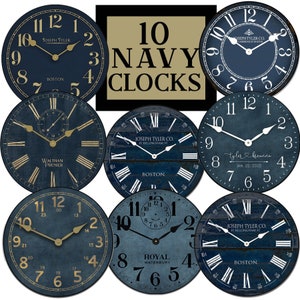 May include: Ten navy blue round clocks with gold accents and Roman numeral markings. The clocks have different designs and brands, including Joseph Tyler, Waltham Premier, and Royal Waterbury.