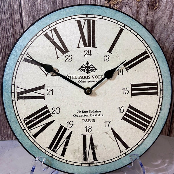 Hotel Paris Voltaire Blue Wall Clock, 8 sizes to choose, Made in USA, Lifetime Warranty, Very QUIET, Free to customize