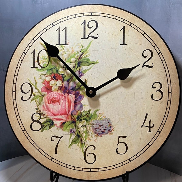 Country Floral Wall Clock, 8 sizes to choose, Made in USA, Lifetime Warranty, Very QUIET, Free to customize