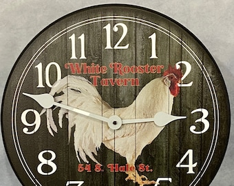 White Rooster Tavern Wall Clock, Whisper Quiet, Comes in 8 Sizes, Lifetime Warranty