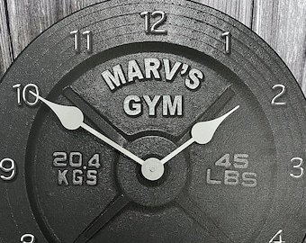 Personalized Barbell Wall Clock, 8 sizes, QUIET Mechanism, LIfetime warranty