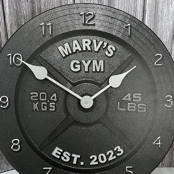Personalized Barbell Wall Clock, 8 sizes, QUIET Mechanism, LIfetime warranty