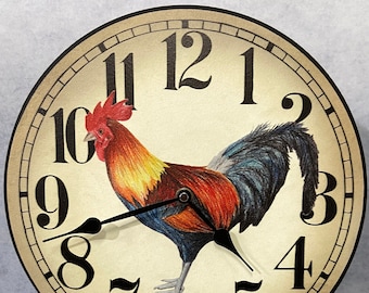 Fancy Rooster Wall Clock, 8 sizes to choose, Made in USA, Lifetime Warranty, Very QUIET, Free to customize