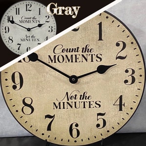 Count the Moments Clock, 8 sizes!!,  large wall clock, extra QUIET mechanism, lifetime warranty, choose gray or parchment color