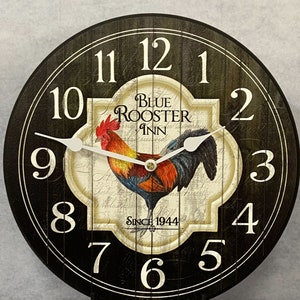 Blue Rooster Inn Wall Clock, 8 sizes, extra QUIET mechanism, LIFETIME Warranty, We can add YOUR words, Rooster clock