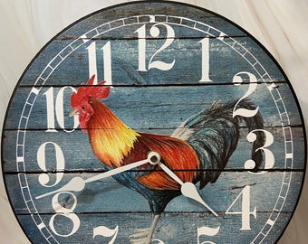 Barnwood Blue Rooster Wall Clock, Whisper Quiet, Lifetime Warranty, Comes in 8 sizes