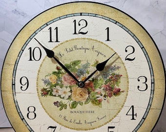 Emilie Floral Wall Clock, 8 sizes to choose, Made in USA, Lifetime Warranty, Very QUIET, Free to customize