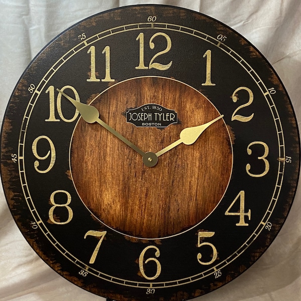 Rustic Black & Wood Wall Clock, 8 sizes!!, EXTRA quiet mechanism, lifetime warranty, optional to add your words, large wall clock