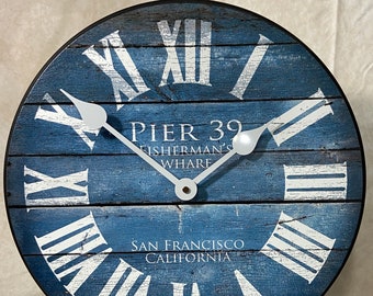 Pier 39 Blue Wall Clock, 8 sizes to choose, Made in USA, Lifetime Warranty, Very QUIET, Free to customize