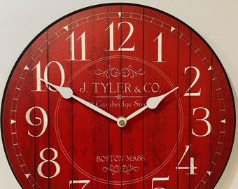 Harbor Red Wall Clock, large wall clock, Choose from 8 sizes. extra QUIET mechanism, LIFETIME Warranty, We can add YOUR words.