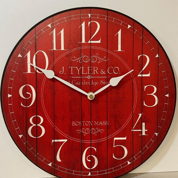 Harbor Red Wall Clock, large wall clock, Choose from 8 sizes. extra QUIET mechanism, LIFETIME Warranty, We can add YOUR words.