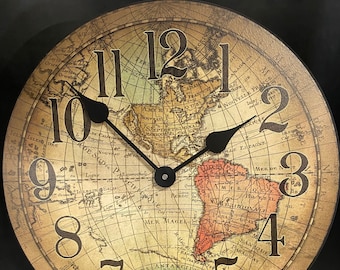 Vincenzo World Map Wall Clock, 8 sizes!!, EXTRA quiet mechanism, lifetime warranty, optional to add your words, large wall clock