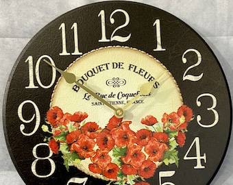 Poppies Wall Clock, 8 sizes to choose, Made in USA, Lifetime Warranty, Very QUIET, Free to customize