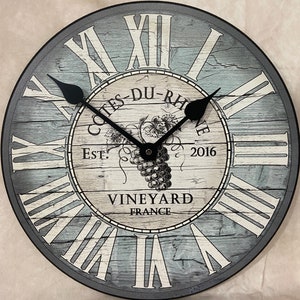 Wine Barrel Lid Blue Clock, large wall clock, Choose from 8 sizes. extra QUIET mechanism, LIFETIME Warranty, We can add YOUR words.