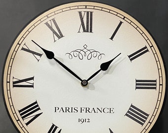 Personalizable Paris Wall Clock, 8 sizes to choose, Made in USA, Lifetime Warranty, Very QUIET, Free to customize