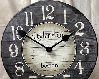 Boston Harbor Gray Wall Clock, large wall clock, Choose from 8 sizes. extra QUIET mechanism, LIFETIME Warranty, We can add YOUR words.