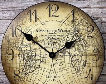 Robinson Cruso Map Wall Clock, 8 sizes to choose, Made in USA, Lifetime Warranty, Very QUIET, Free to customize