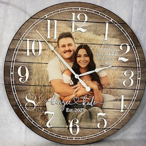 Personalized Brown Wood Photo Wall Clock, 8 sizes!!, EXTRA quiet mechanism, lifetime warranty, optional to add your words, large wall clock