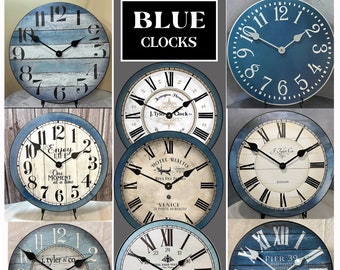 9 Blue Clock styles to choose, 8 sizes!!, EXTRA quiet mechanism, lifetime warranty, optional to add your words, large wall clock