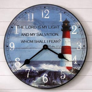 Lighthouse Wall Clock, large wall clock, Choose from 8 sizes. extra QUIET mechanism, LIFETIME Warranty, We can add YOUR words.
