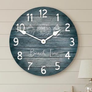 Beach Time Wall Clock, Choose Blue or Gray,  8 sizes, SILENT mechanism, LIFETIME Warranty,  large wall clock