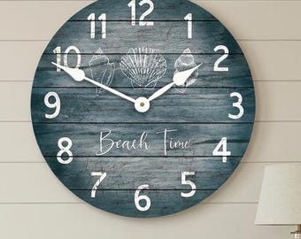 Beach Time Wall Clock, Choose Blue or Gray,  8 sizes, SILENT mechanism, LIFETIME Warranty,  large wall clock