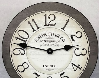 Bellingham Gray Wall Clock, large wall clock, Choose from 8 sizes. extra QUIET mechanism, LIFETIME Warranty, We can add YOUR words
