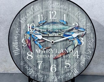 Blue Crab - Choose from Maryland, New Jersey, or Delaware - wall clock, Choose from 8 sizes. extra QUIET mechanism, LIFETIME Warranty