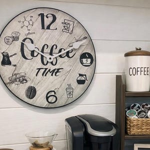 Coffee Time Wall Clock, 8 sizes!!, EXTRA quiet mechanism, lifetime warranty, optional to add your words, large wall clock