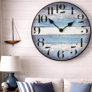 Nantucket Blue Wall Clock, 8 sizes!!, EXTRA quiet mechanism, lifetime warranty, optional to add your words, large wall clock