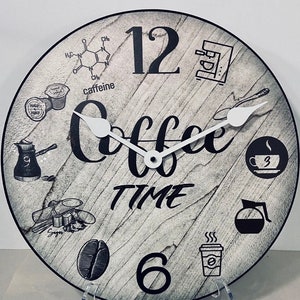 Coffee Time Wall Clock, 8 sizes!!, EXTRA quiet mechanism, lifetime warranty, optional to add your words, large wall clock