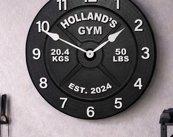 Personalized Barbell Wall Clock White Numbers, 8 sizes to choose, Made in USA, Lifetime Warranty, Very QUIET, Free to customize