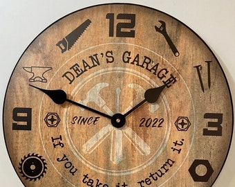 Dad's Garage Wall Clock, Choose one of 8 sizes, VERY Quiet, Lifetime warranty, Personalizable, Father's Day Clock