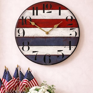 Patriotic clock, 8 sizes!!, EXTRA quiet mechanism, lifetime warranty, optional to add your words, Made in USA, Red White and blue clock