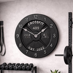 Personalized Barbell Wall Clock, 8 sizes, QUIET Mechanism, LIfetime warranty, Free Personalization, Made in the USA
