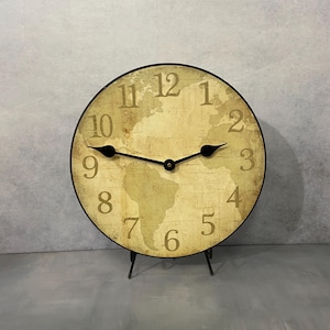 Parchment World Map Wall Clock. 8 Sizes, Lifetime Warranty, Quiet, Non-Ticking, Free Personalization, Made in the USA