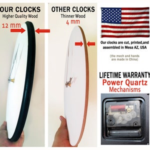 May include: Image comparing two clocks, highlighting the thickness of the wood. One clock is 12 mm thick, the other 4 mm. Text includes "OUR CLOCKS" and "OTHER CLOCKS", and "LIFETIME WARRANTY Power Quartz Mechanisms". An American flag is also shown.