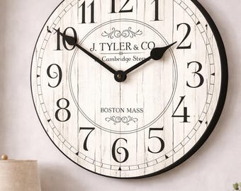 Harbor White Wall Clock, 8 sizes!!, EXTRA quiet mechanism, lifetime warranty, optional to add your words, large wall clock